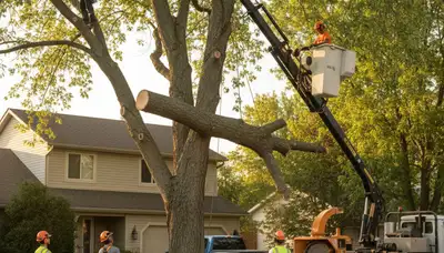 Professional arborists performing safe tree removal with cranes in Aurora, IL