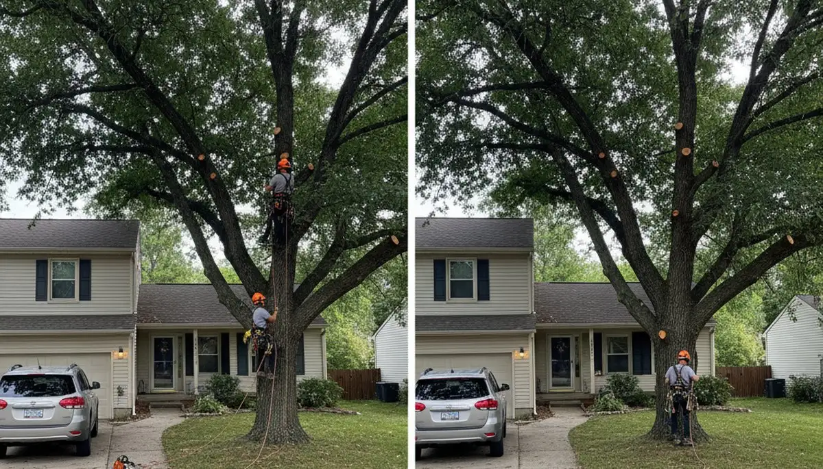 Arborist lifting tree canopy for driveway clearance during professional trimming in Aurora, IL