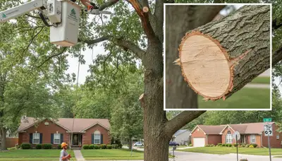 Arborist removing dead branches from mature tree in Aurora, IL for professional tree trimming service
