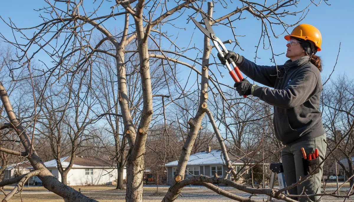 Arborist pruning fruit tree in Aurora, IL backyard orchard to boost health and yield | Chop Chop Tree