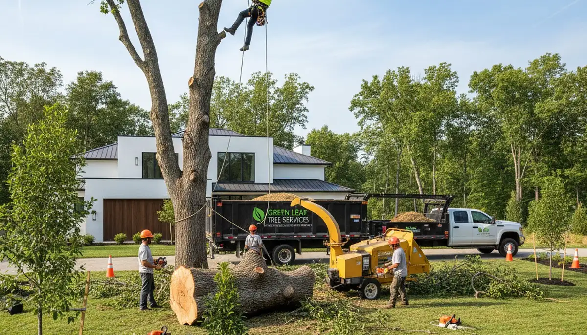 Professional landscaping and tree removal team working in Aurora, IL yard
