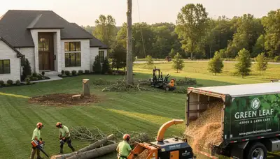 Professional lawn and tree service team caring for residential yard in Aurora, IL