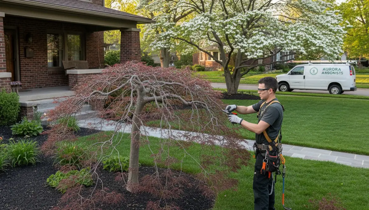 Arborist hand pruning ornamental Japanese maple for landscape beauty in Aurora, IL