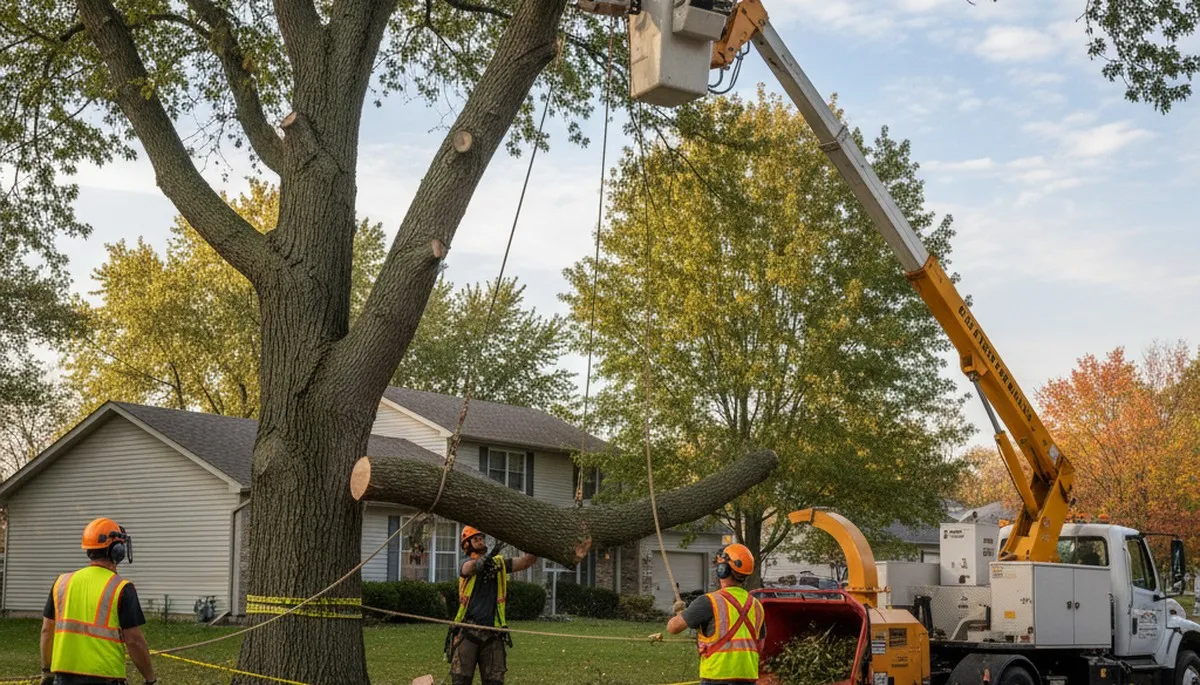 Arborists performing safe tree removal in Aurora, IL using professional equipment and expert techniques