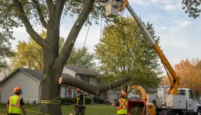 Arborists performing safe tree removal in Aurora, IL using professional equipment and expert techniques