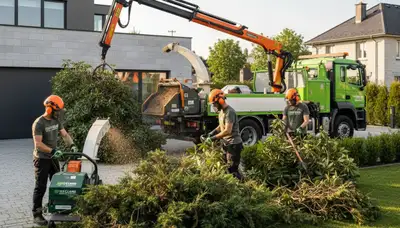 Professional shrub removal service clearing overgrown bushes in Aurora, IL backyard