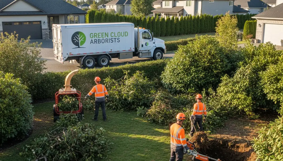 Professional shrub removal service clearing overgrown bushes in Aurora, IL yard