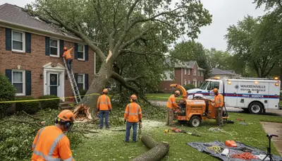 Emergency tree removal crew clearing storm-damaged trees in Warrenville, IL for Aurora tree service company