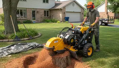 Professional stump grinding service removing tree stumps in Warrenville, IL near Aurora tree experts