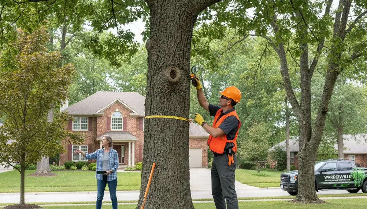 Certified arborist performing tree health assessment for Warrenville, IL homeowners near Aurora, IL