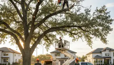 Arborists performing expert tree trimming on mature oaks in Aurora, IL residential neighborhood